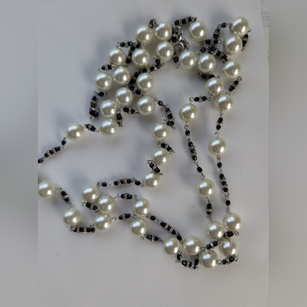 Necklace Faux Pearl Black Beaded Continued 36 Round Or 72  Inches Long.